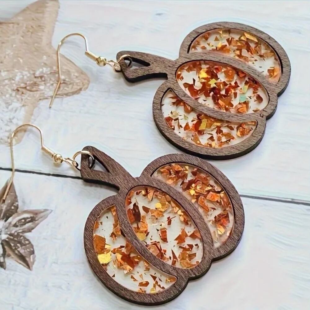 #11 Wood Pumpkin Gold Foil Flake Acrylic Dangle Earrings